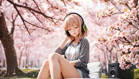 ((best quality)), ((masterpiece)), (detailed), perfect face, sitting under the cherry blossom tree, listening to music, one woma...