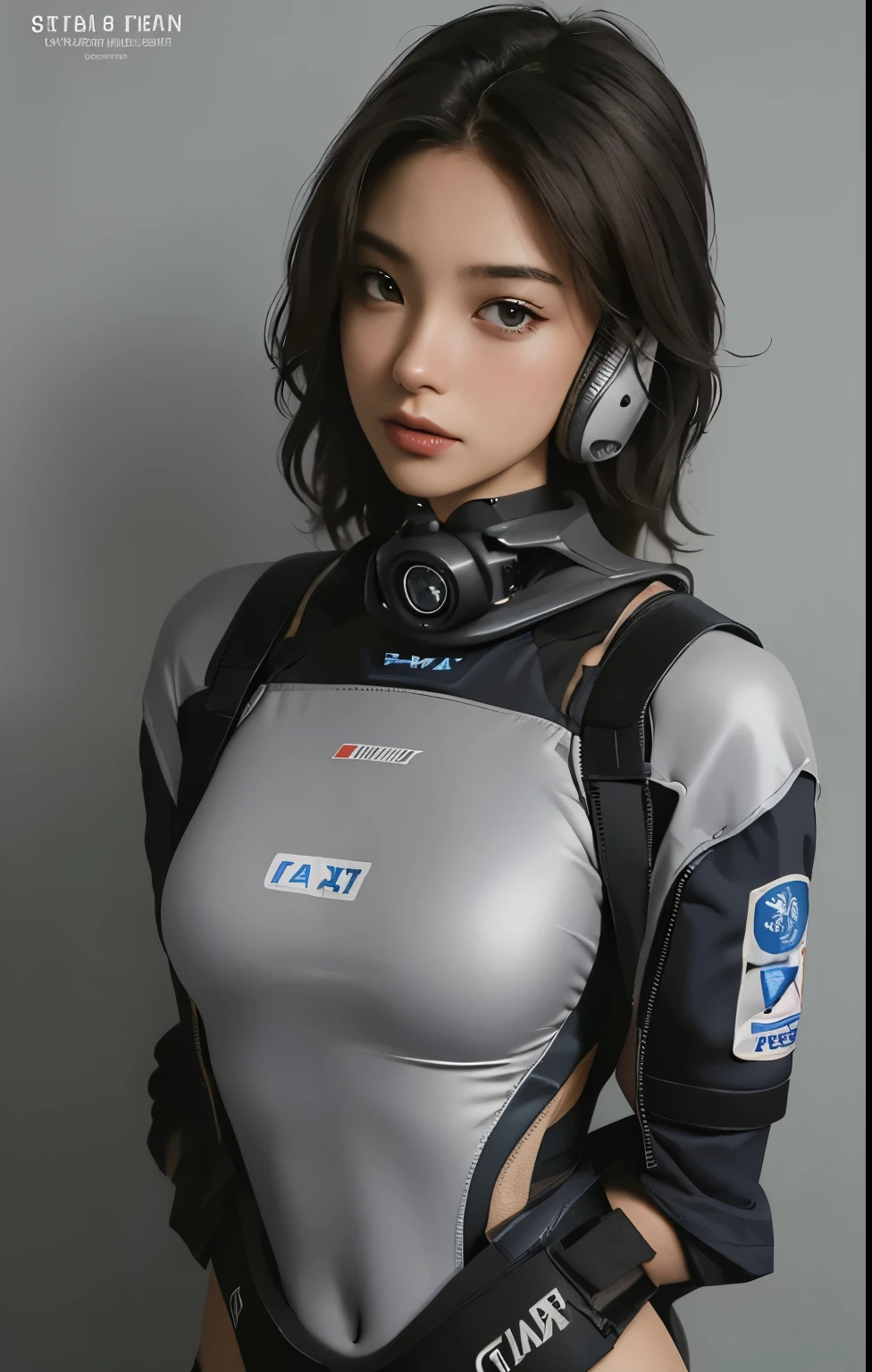 Highest image quality, Excellent details, ultra high resolution, (realism: 1.4), ((close up:0.75)), Best Illustration, Offer details, Highly concentrated 1lady, Have a beautiful and delicate face, Perfect proportion, (chubby:0.3, small breasts), (Putting on a racing suit is like, Black and gray mecha, Wearing high-tech headphones, military harness, With a rifle), team leader, Background simple gray wall,