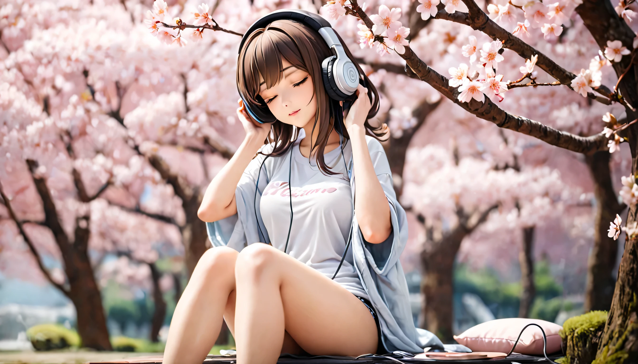 ((best quality)), ((masterpiece)), (detailed), perfect face, sitting under the cherry blossom tree, listening to music, One woman, wearing headphones, eyes closed, wearing underwear
