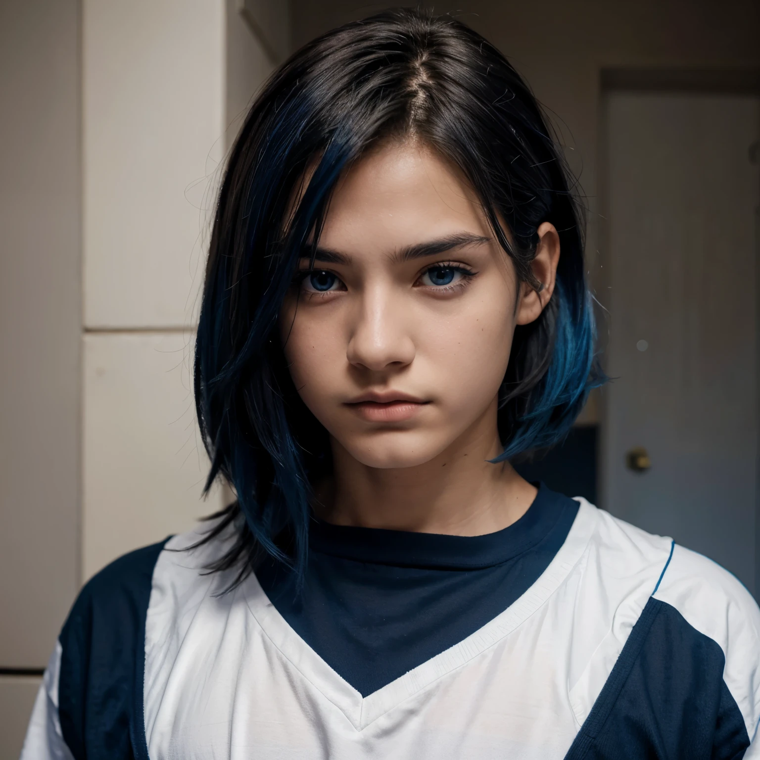 Arafed woman with blue hair and a white shirt in a hallway - SeaArt AI