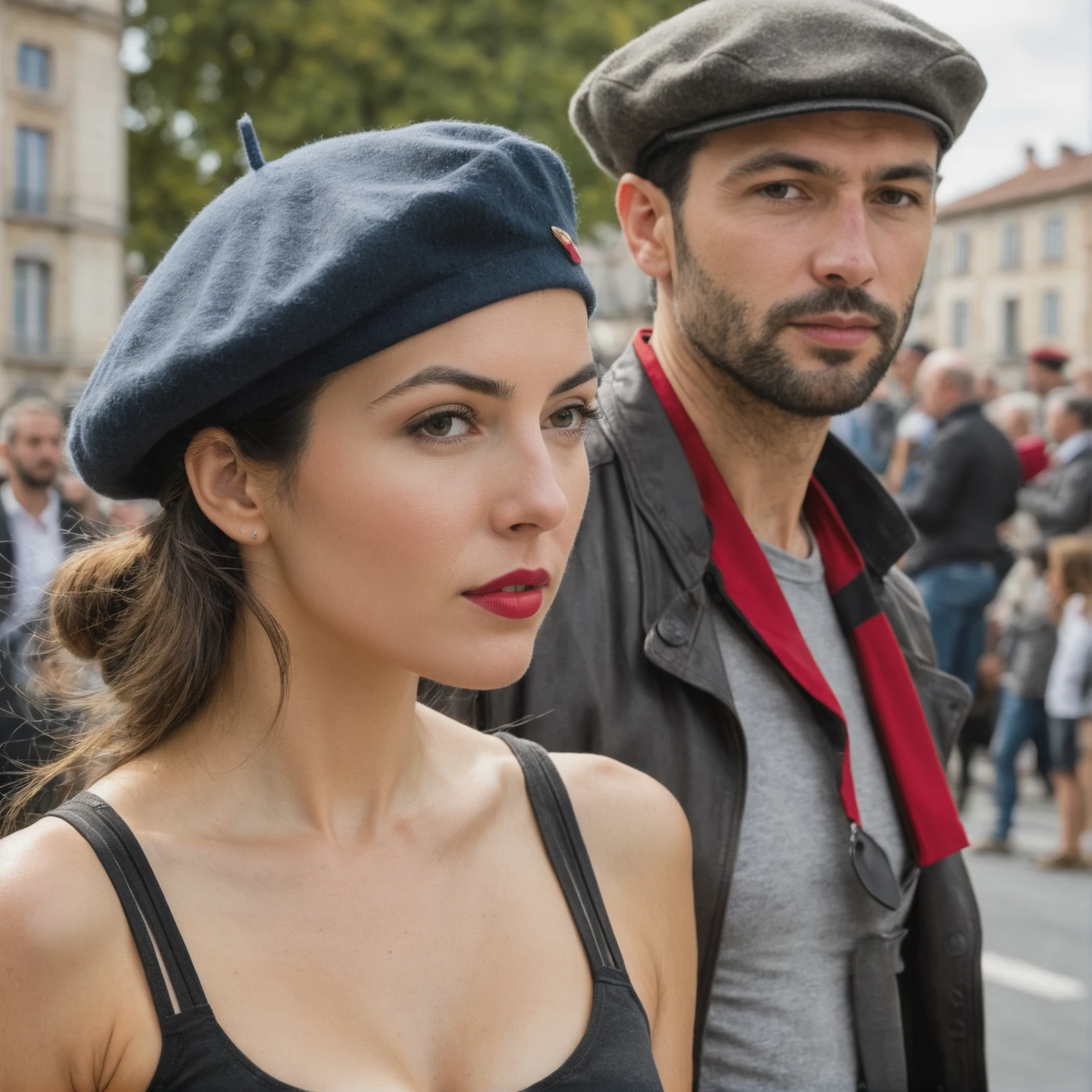 Retrato panorâmico, ((Tronco)), enfrentando o público, (realidade :1.3), la plus belle foto d&#39;trabalho de&#39;arte du monde, Um homem e uma mulher se abraçam, a mulher olha para o homem e o homem olha para a câmera, Roupas bascas, eles usam lindas boinas bascas, Basco típico, Basque beret, rosto bonito e detalhado, foto d&#39;Ação, (Complexo :1.4), Contexto ocidental, Fotografia Realista, durante o dia, CG, ficar de pé&#39;arte