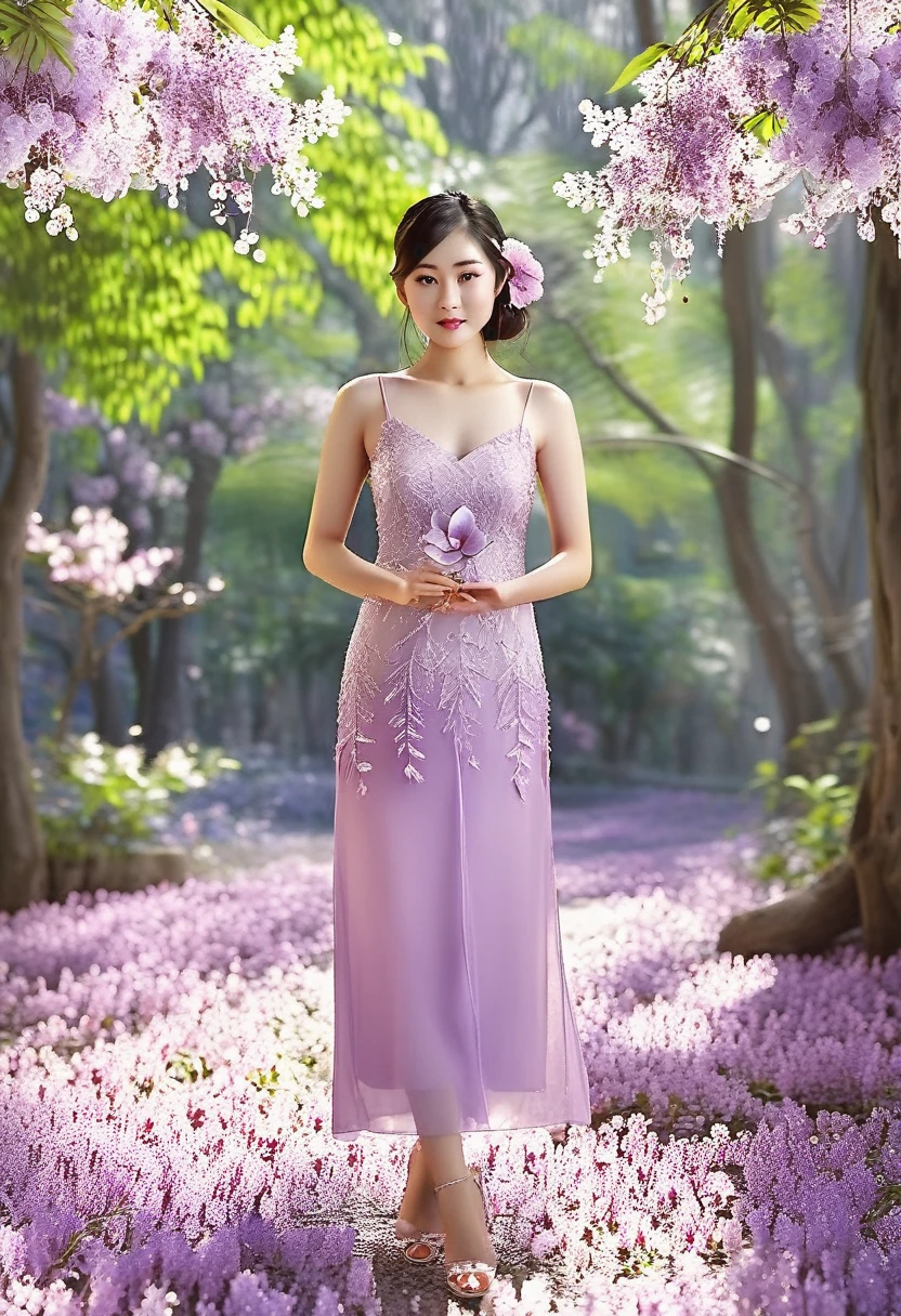 Realistic full body photo, wide angle shot, full body, Asian girl with soft, gentle face, brown eyes. Hand holding a transparent purple glass lotus flower Wearing a light purple Asian dress Wearing purple, pink, white jewelry, decorated and decorated with amethyst, ruby, silver, diamonds. High resolution, high contrast, high definition, wide angle daylight photography. Highly detailed and realistic 3D digital paintings. The background is a forest of Wisteria flowers, light purple, white, and pink.