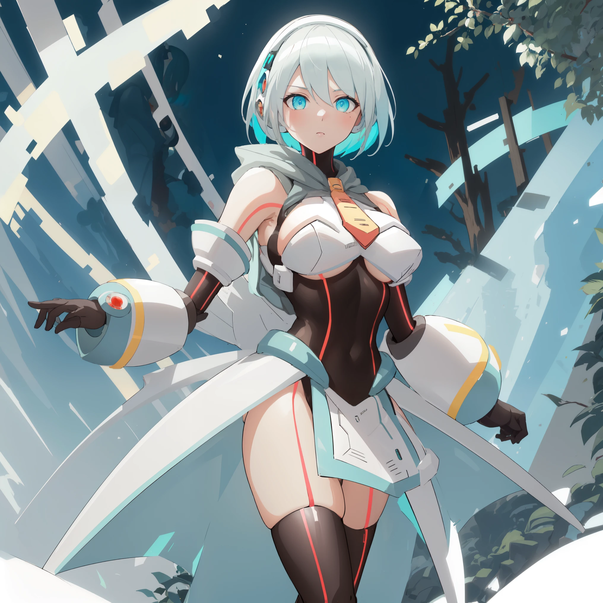 ico_megamanxdive, 1girl, blue eyes, solo, white hair, android, large breasts, black gloves, short hair, thighhighs, necktie, high quality, masterpiece, in a dark forest looking out at a waterfall, in the style of ultra detailed, dark cyan and light bronze, eye-catching tags, physically based rendering, depictions of inclement weather, heavy shading, landscape inspirations