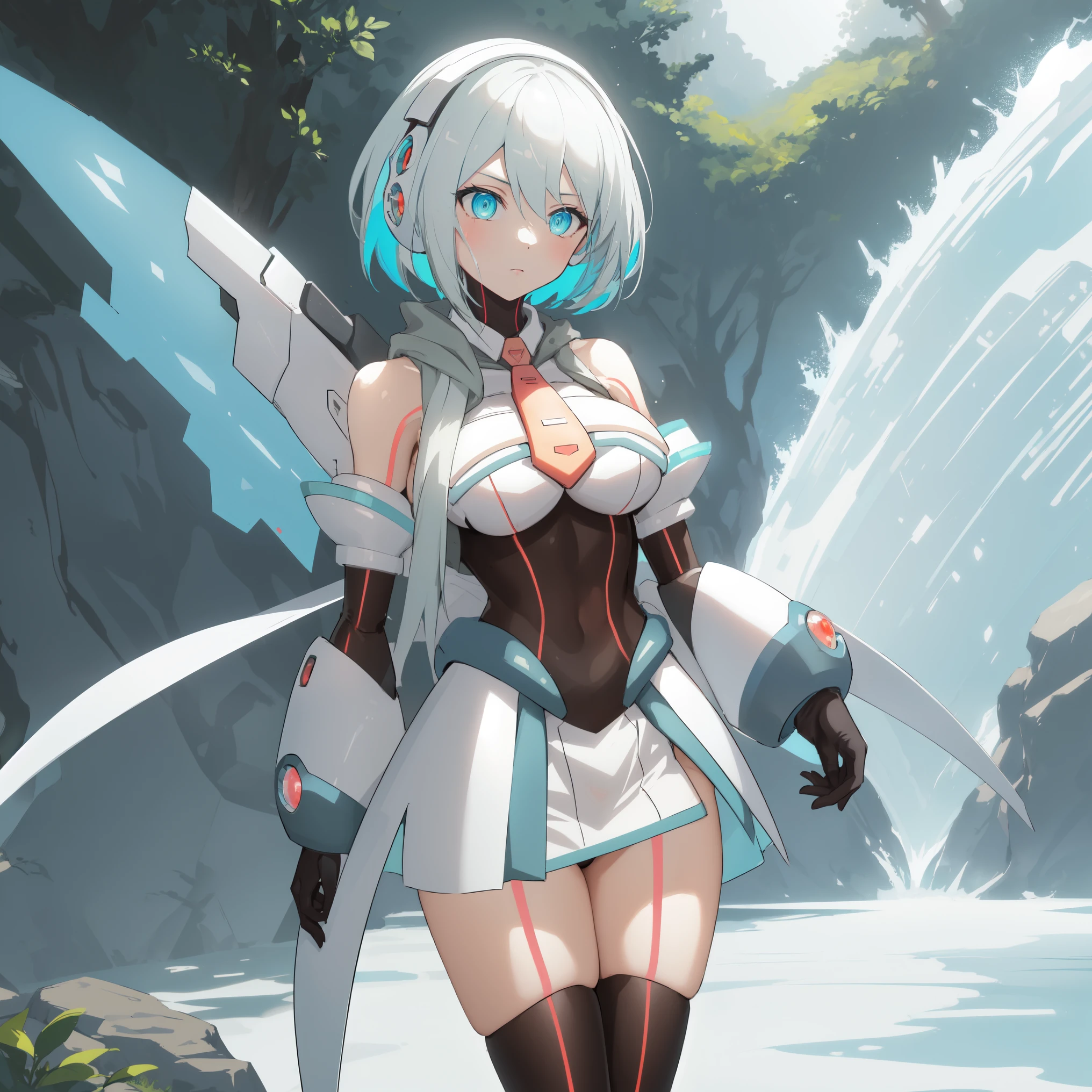 ico_megamanxdive, 1girl, blue eyes, solo, white hair, android, large breasts, black gloves, short hair, thighhighs, necktie, high quality, masterpiece, in a dark forest looking out at a waterfall, in the style of ultra detailed, dark cyan and light bronze, eye-catching tags, physically based rendering, depictions of inclement weather, heavy shading, landscape inspirations