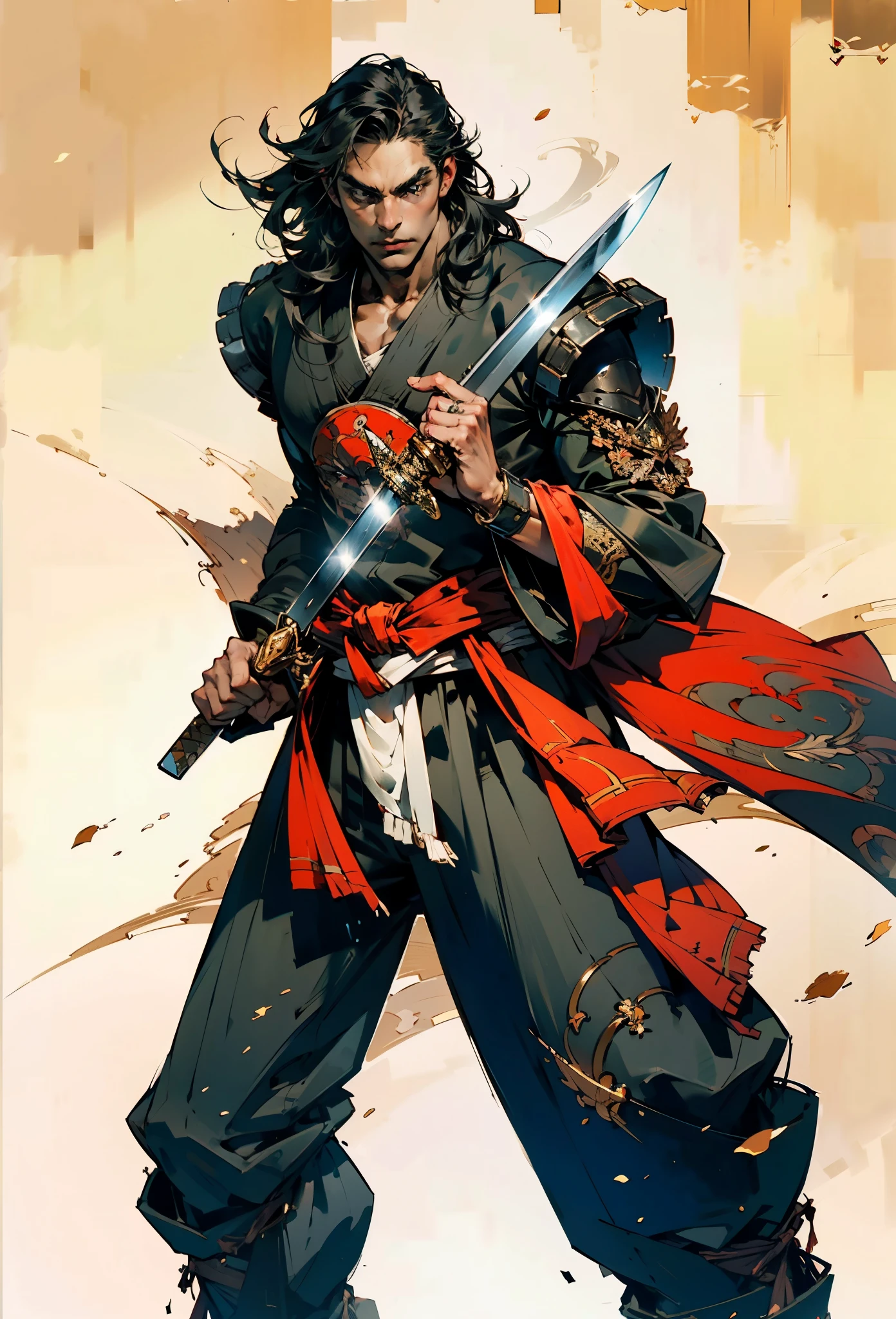 An adult man with long black hair, white-highlighted middle part bangs, thick wavy eyebrows, sharp almond-shaped eyes, well-defined features, a dignified expression, a black and white tight-fitting coat in a fantasy martial arts style, flowing wide sleeves, a cloth belt around the waist, loose fabric trousers, he holds a long sword placed in front of him, while the other hand lightly wipes the blade, the backdrop is a fantasy martial arts-style training ground, this character embodies a finely crafted fantasy martial arts-style swordsman in anime style, exquisite and mature manga art style, high definition, best quality, highres, ultra-detailed, ultra-fine painting, extremely delicate, professional, perfect body proportions, golden ratio, anatomically correct, symmetrical face, extremely detailed eyes and face, high quality eyes, creativity, RAW photo, UHD, 32k, Natural light, cinematic lighting, masterpiece-anatomy-perfect, masterpiece:1.5