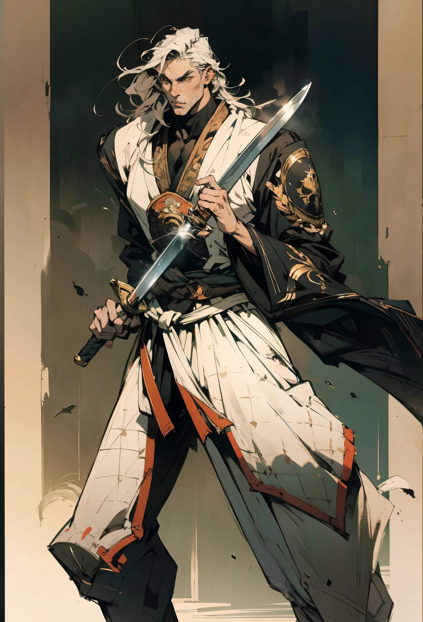 An adult man with long black hair, white-highlighted middle part bangs, thick wavy eyebrows, sharp almond-shaped eyes, well-defined features, a dignified expression, a black and white tight-fitting coat in a fantasy martial arts style, flowing wide sleeves, a cloth belt around the waist, loose fabric trousers, he holds a long sword placed in front of him, while the other hand lightly wipes the blade, the backdrop is a fantasy martial arts-style training ground, this character embodies a finely crafted fantasy martial arts-style swordsman in anime style, exquisite and mature manga art style, high definition, best quality, highres, ultra-detailed, ultra-fine painting, extremely delicate, professional, perfect body proportions, golden ratio, anatomically correct, symmetrical face, extremely detailed eyes and face, high quality eyes, creativity, RAW photo, UHD, 32k, Natural light, cinematic lighting, masterpiece-anatomy-perfect, masterpiece:1.5