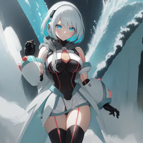 ico_megamanxdive, 1girl, blue eyes, solo, white hair, android, large breasts, black gloves, short hair, thighhighs, necktie, hig...