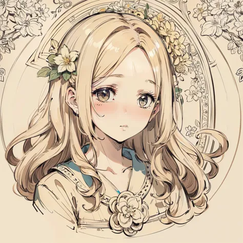 face portrait, Long curly hair, Blonde, ，，，，flower frame, decorative panel, abstraction, author：Alphonse Mochi (masterpiece, bes...