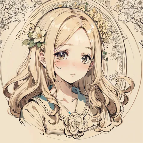 face portrait, long curly hair, blonde, ，，，，flower frame, decorative panel, abstraction, author：alphonse mochi (masterpiece, bes...