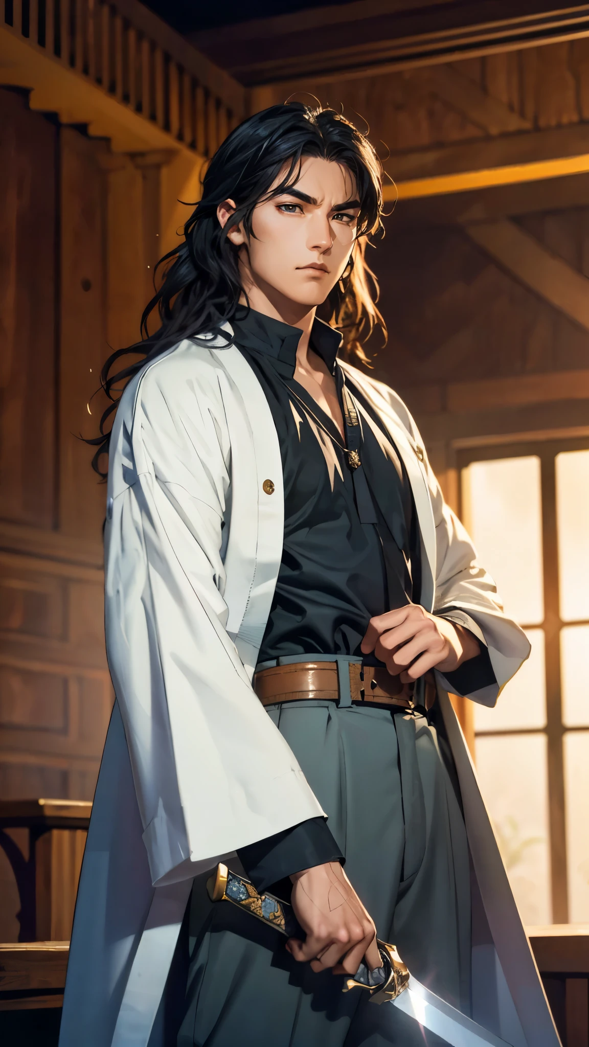 An adult man with long black hair, white-highlighted middle part bangs, thick wavy eyebrows, sharp almond-shaped eyes, well-defined features, a dignified expression, a black and white tight-fitting coat in a fantasy martial arts style, flowing wide sleeves, a cloth belt around the waist, loose fabric trousers, he holds a long sword placed in front of him, while the other hand lightly wipes the blade, the backdrop is a fantasy martial arts-style training ground, this character embodies a finely crafted fantasy martial arts-style swordsman in anime style, exquisite and mature manga art style, high definition, best quality, highres, ultra-detailed, ultra-fine painting, extremely delicate, professional, perfect body proportions, golden ratio, anatomically correct, symmetrical face, extremely detailed eyes and face, high quality eyes, creativity, RAW photo, UHD, 32k, Natural light, cinematic lighting, masterpiece-anatomy-perfect, masterpiece:1.5