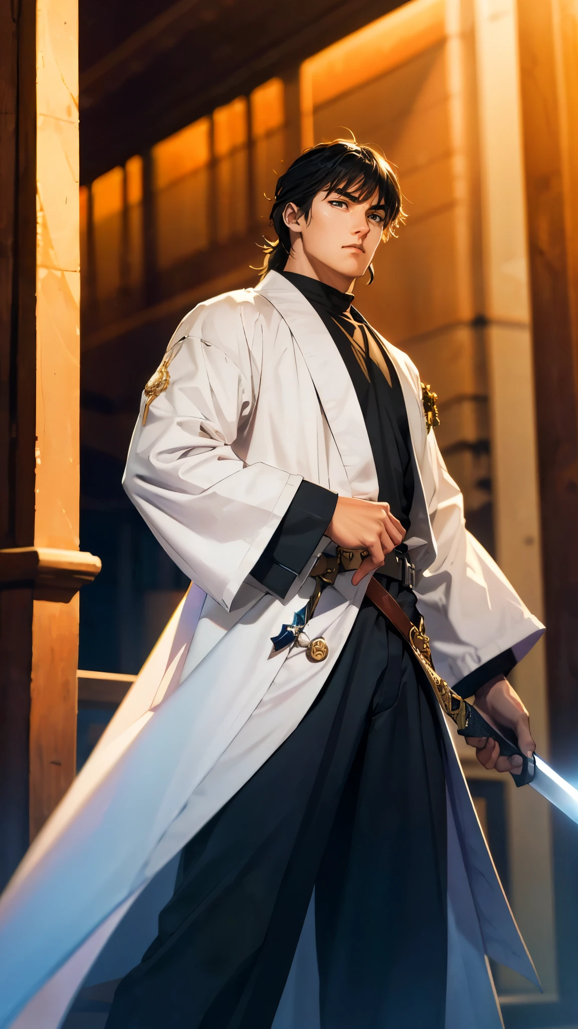 An adult man with long black hair, white-highlighted middle part bangs, thick wavy eyebrows, sharp almond-shaped eyes, well-defined features, a dignified expression, a black and white tight-fitting coat in a fantasy martial arts style, flowing wide sleeves, a cloth belt around the waist, loose fabric trousers, he holds a long sword placed in front of him, while the other hand lightly wipes the blade, the backdrop is a fantasy martial arts-style training ground, this character embodies a finely crafted fantasy martial arts-style swordsman in anime style, exquisite and mature manga art style, high definition, best quality, highres, ultra-detailed, ultra-fine painting, extremely delicate, professional, perfect body proportions, golden ratio, anatomically correct, symmetrical face, extremely detailed eyes and face, high quality eyes, creativity, RAW photo, UHD, 32k, Natural light, cinematic lighting, masterpiece-anatomy-perfect, masterpiece:1.5