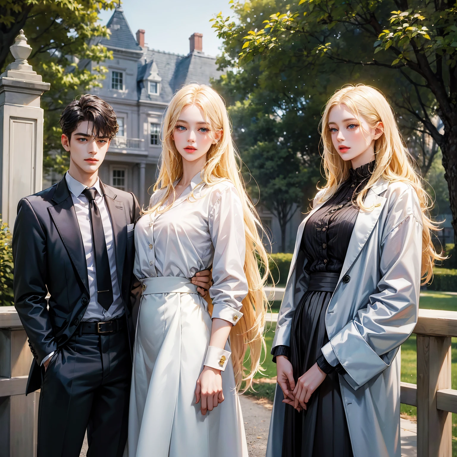 
A couple, 1 young incredibly beautiful woman and 1 young handsome tall attractive man, the girl has long golden hair, long bangs, blue eyes. She is wearing a skirt and blouse. Long straight white hair, unbuttoned white jacket, unbuttoned black shirt and white trousers with several upper buttons, different height, detailed eyes, face, hands. they are standing. they are leaning against a wooden fence, they are hugging, looking at the viewer. A full-length figure. There is a park in the background. masterpiece, perfect drawing, realistic drawing, Full-length drawing, detailed study, 8k. full length image, realistic image, Dynamic image, detailed image. extremely detailed illustration, a true masterpiece of the highest quality, with careful drawing.