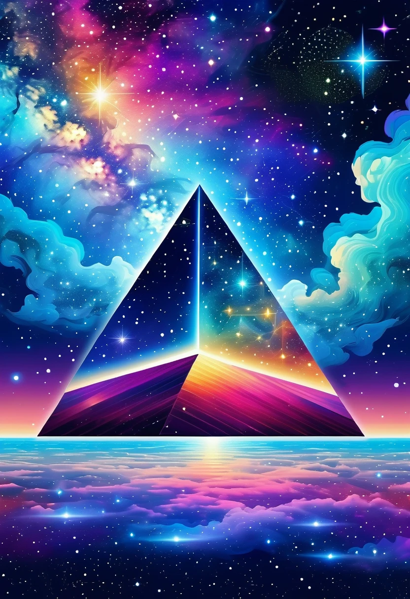 Huge triangle，Magnificent cosmic starry sky background，Intricate illustration in surreal art style，surreal dream，Dubrec style，Transparent geometric shape close-up，（multiple exposure：1.8），