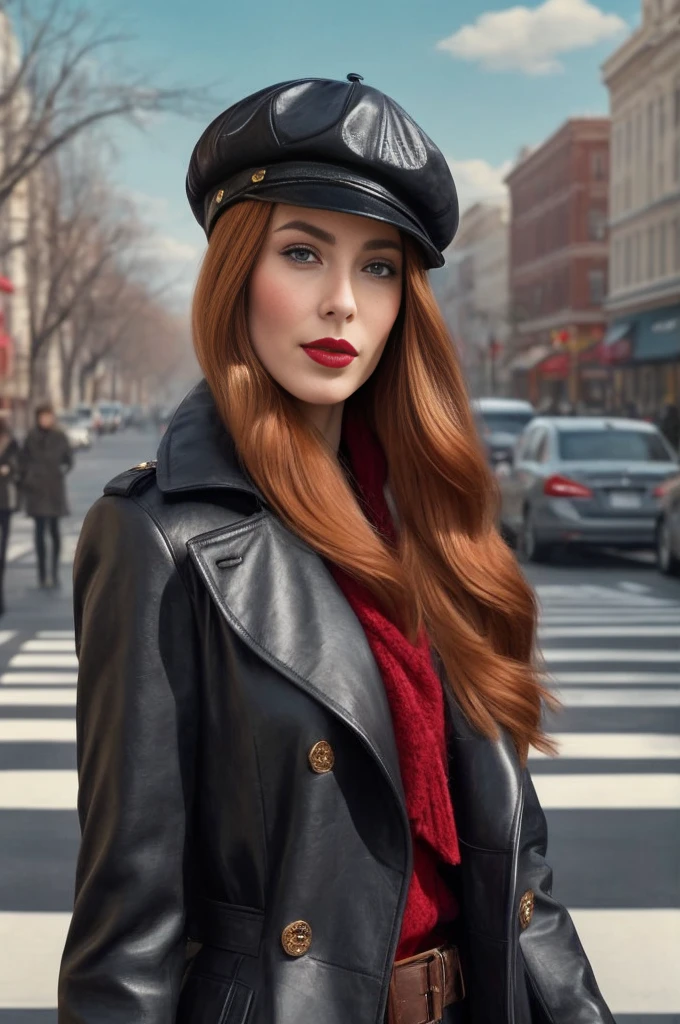 Meisterwerk, beste Qualität, (fotorealistisch:1.4) Ein Nahaufnahmeporträt einer wunderschönen, Schön, atemberaubende russische Frau trägt ein klassisches elegantes Outfit: ein schwarzer zweireihiger Trenchcoat aus Leder, ein roter Pullover und eine schwarze Ballonmütze. Eine rothaarige Frau aus Russland, empfindlich red lips, pastel pink skin tone, weiche, makellose blasse Haut, elegantes Make-up, roter Lippenstift. Nobel, elegant, kultivierte rothaarige Frau, eine majestätische Dame, Traumschönheit, ätherische Schönheit, engelhafte Schönheit, empfindlich, empfindlich, tender, schön, romantisch, Gutherzig, feminin und stark, mutig, entschlossene Frau. elegante Optik, fließendes und glänzendes gewelltes rotes Haar. Sie macht ein Fotobuch, für die Kamera posieren, professionelle Fotografie, redaktionelles Foto, Porträtfoto eines russischen Models, das durch die Straßen geht..
