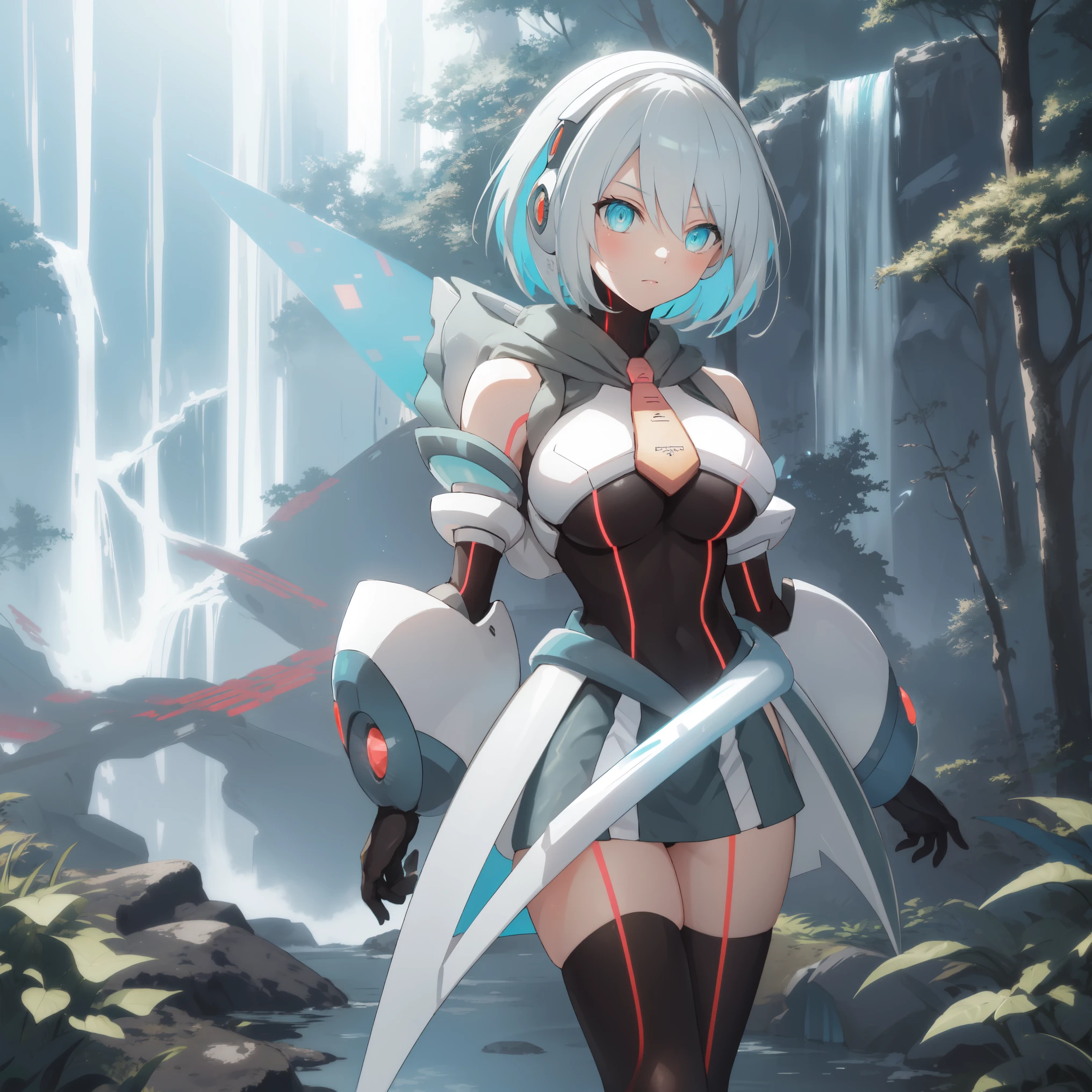 ico_megamanxdive, 1girl, blue eyes, solo, white hair, android, large breasts, black gloves, short hair, thighhighs, necktie, high quality, masterpiece, in a dark forest looking out at a waterfall, in the style of ultra detailed, dark cyan and light bronze, eye-catching tags, physically based rendering, depictions of inclement weather, heavy shading, landscape inspirations