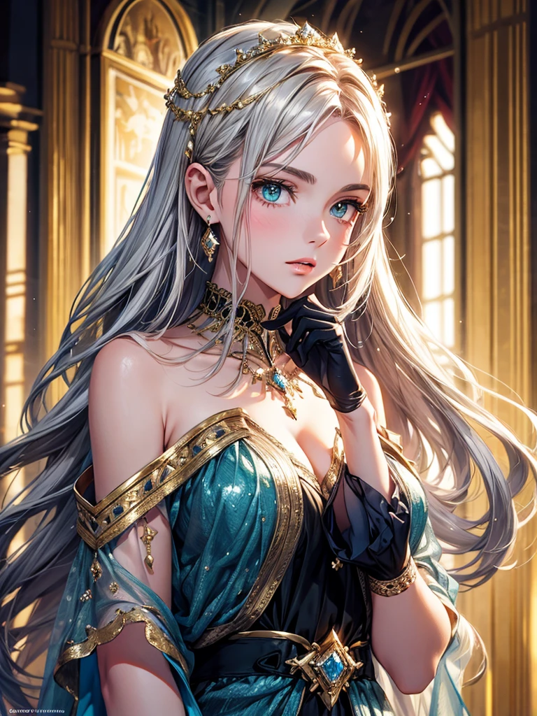 (best quality, high resolution, masterpiece:1.2), Super detailed, Beautiful and delicate lake green eyes, Beautiful and delicate lips, extremely detailed face, super long hair, 1 girl, royal members, Beautiful girl with golden beige hair, (Wearing a royal blue royal costume), see-through chiffon platinum shawl, (gold ornaments), golden and silver pattern, (light blue pattern), (complex pattern:0.5), Lovely, attractive, portrait, delicate eyes, Luminous earrings, Reflective pupil, royal clothing design, see-through detail clothing design, (empty:0.7), chiffon, (see-through chiffon), (lace:0.7), black gloves, Diamond choker, Diamond ring, Diamond hairpin, medieval european castle, Super high quality skin, Real skin texture, super high detail, anime, Realism, 8K, UHD, ccurate