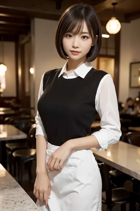 (((cafe:1.3, indoor, photographed from the front))), ((medium bob:1.3, great style:1.2, balanced style, black knit, japanese wom...