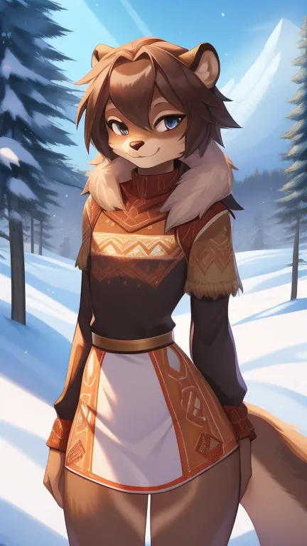 Best quality, Super detailed illustration, (fluffy otter boy:1.4) , feminine face and body, disheveled thick hair, warm clothes ...