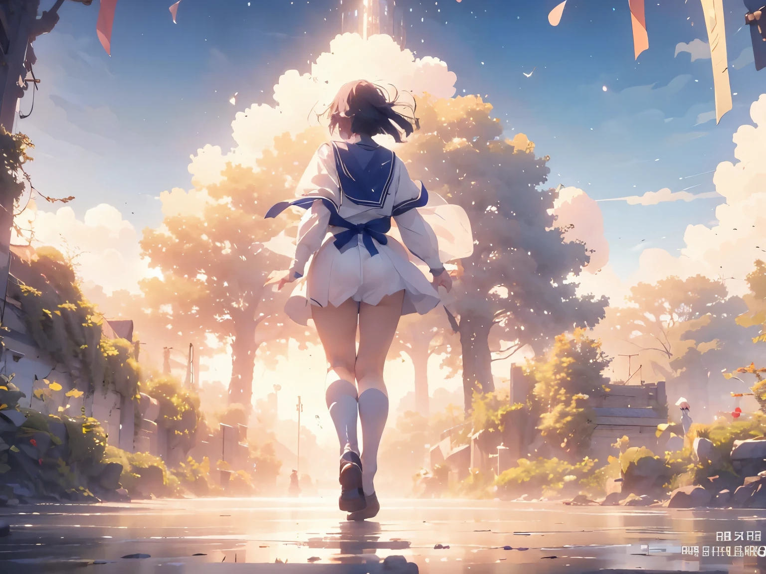 highest quality、Pleasant animation、、back view、fantasy、near future、Light、Wind、bob、sailor suit、Shadow、delicate、back view、Wind景、background、back、start running、girl、Overall view、walking、null、near future、fantasy、whole body、modern city