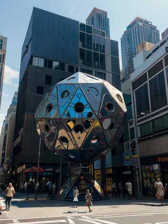 [[Adjectives describing the overall feel]] Playful and Surreal depiction of A giant, perfectly smooth dodecahedron (12-sided solid) made of a colorful, reflective material, towering over a bustling city street. People of all ages climb, slide, and explore its surfaces, using it as a giant playground. This is a Surrealist-inspired image showcasing** the playful potential of familiar shapes. The environment/background should be A vibrant cityscape with towering skyscrapers and bustling streets. to create an Atmosphere of wonder and childlike joy. The image should be in the style of a Digital illustration, incorporating elements of** exaggerated perspective and vibrant colors** with a focus on** the giant dodecahedron and the people interacting with it. The [Camera shot type] Low-angle shot, captured with a** wide-angle lens** will showcase** the imposing size of the dodecahedron and the people dwarfed by it. The lighting should be Bright sunlight reflecting off the dodecahedron's surface, casting colorful shadows on the street** creating an** Energetic and playful** atmosphere. The desired level of detail is Medium** with a** 4k** resolution, highlighting the details of** the dodecahedron's reflective surface, the people climbing and exploring it, and the bustling city life in the background. The goal is to create a Whimsical image that captivates viewers with its** unexpected juxtaposition of a giant geometric shape and a familiar urban setting.