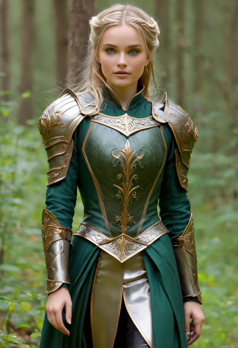 entorno medieval, vista de cuerpo completo, (oreja de elfo detallada, 1 mujer, elven face, hermosos ojos verdes, pelo rubio), armadura de cuero, pantalones de cuero negro, 