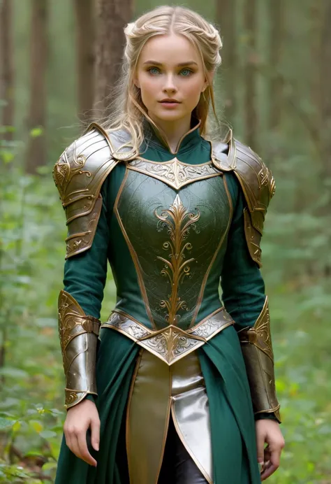 medieval setting, full body view, (detailed elf ear, 1 woman, elven face, beautiful green eyes, blonde hair), leather armor, bla...