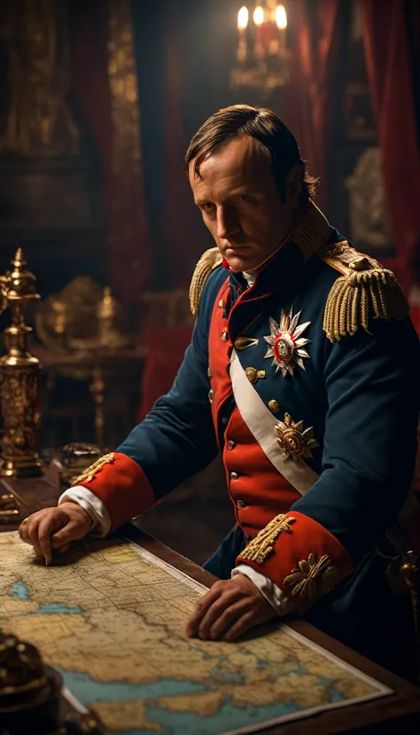Napoleon Bonaparte meeting with his generals, he is pointing out a strategy on a table that has a map, background dark, hyper re...