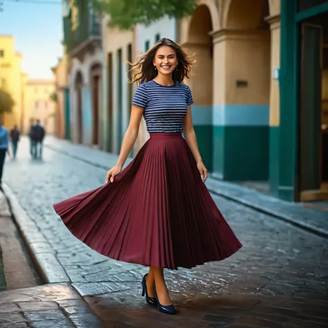 (authentic:1,1) (shy:0,9) (smiling:0,4) woman wearing (long (pleated) full circle skirt) and (low heeled office shoes), very int...