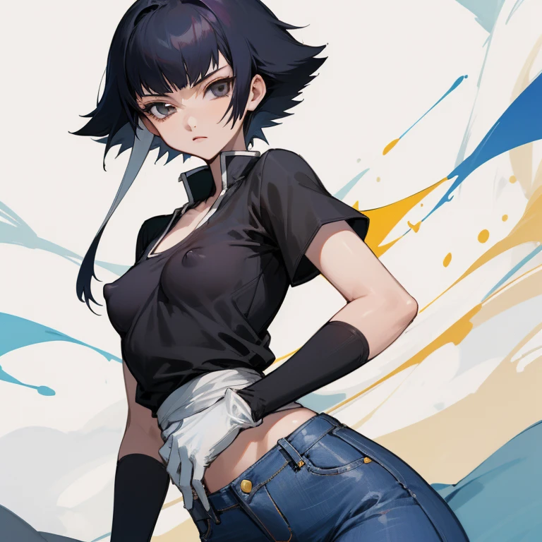 ((highest quality)), ((masterpiece)), (be familiar with),  BLEACH,Soi Fon, 1 girl, alone,  erect nipples, black hair,slanted eyes, Black clothes,black shirt,jeans, Slender,slender,short hair with long locks, short hair, small breasts, gloves, put your hand on your waist