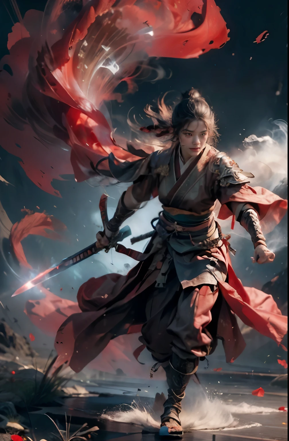 Masterpiece，16k，High quality，Artwork of，Combat spirit，1 woman，red theme，smog，floating weapon，long sword，bright light，bright background，handsome face，delicate face，bright surface，Photos taken with a Sony camera，movie light，full body，walk，