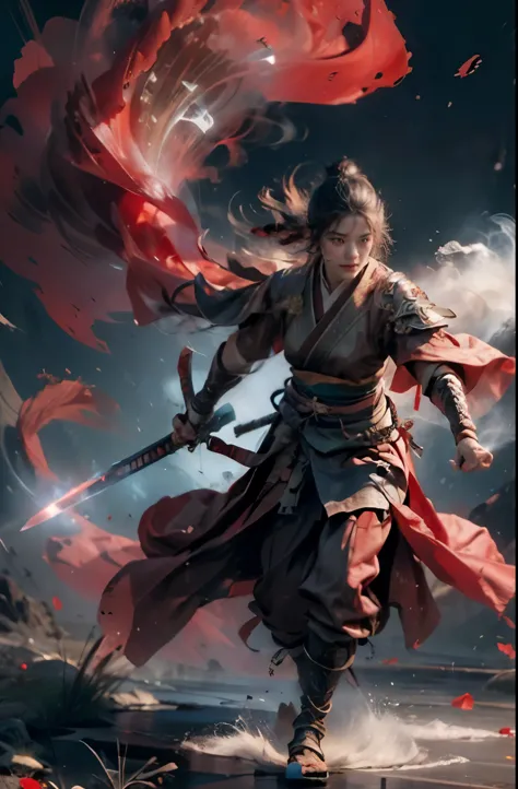 Masterpiece，16k，High quality，Artwork of，Combat spirit，1 woman，red theme，smog，floating weapon，long sword，bright light，bright back...