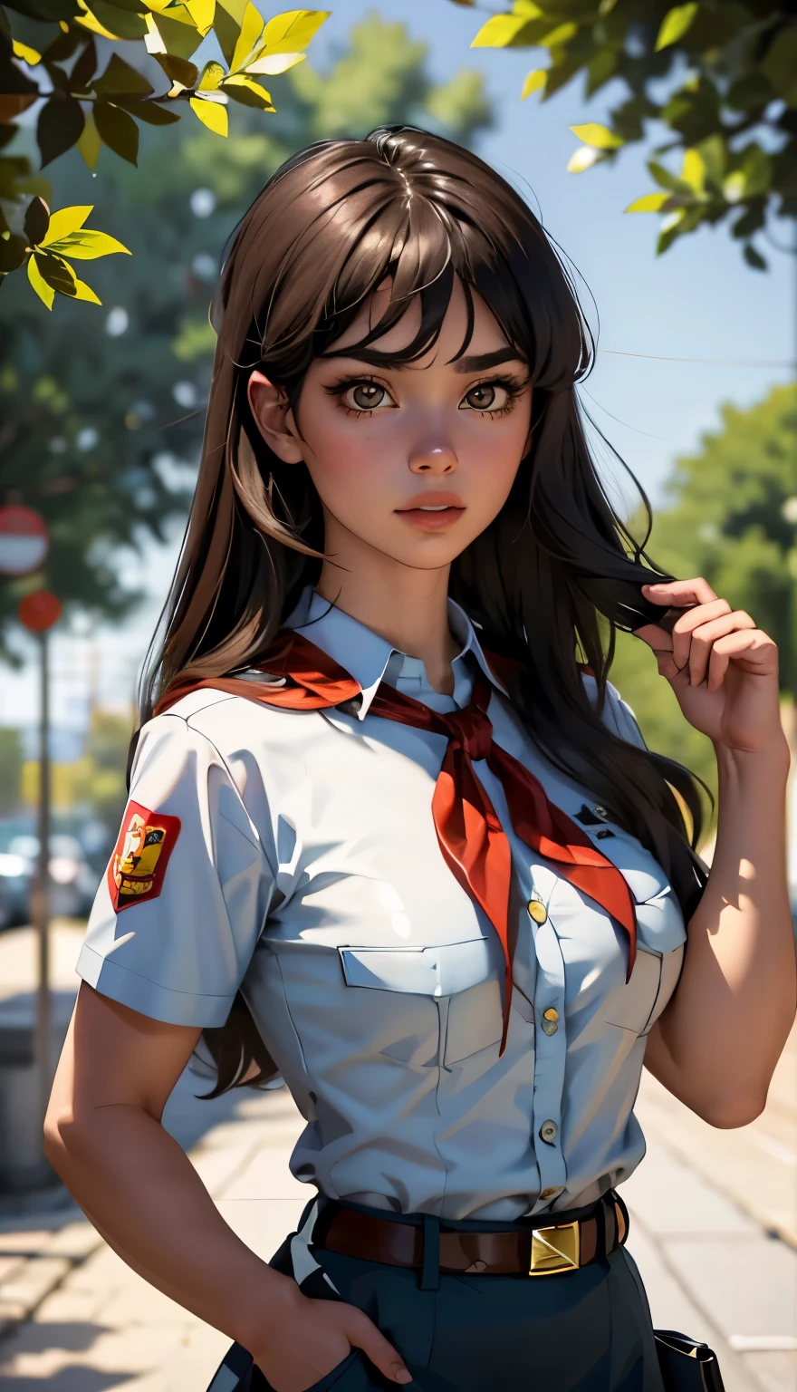 8k, high quality picture, high detailed picture, sunny day, open sky, tall fit girl, very long staright hair, brown with a black tint hair, smooth bangs, perfect brown eyes, neat dark eyebrows, (muscular:1.1), strong heaps, accurate huge breast, pioneer neckerchief, tight short blue skirt, white shirt, short sleeves, collared shirt, belt, eyelashes, red neckerchief, breast pocket, nipples trough clothes, by sasha khmel