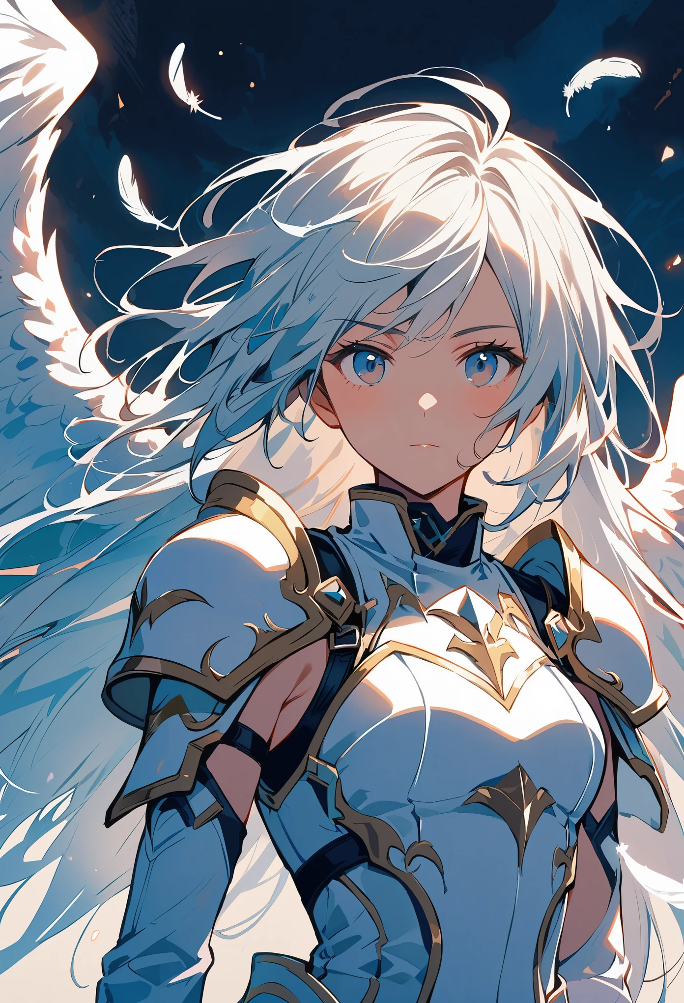 1girl angel angel_wings armor feathers_long wing feathers_hair shoulder armor shoulder_Armor single_wing solo upper part_The body is white_Theme white_wings wings
