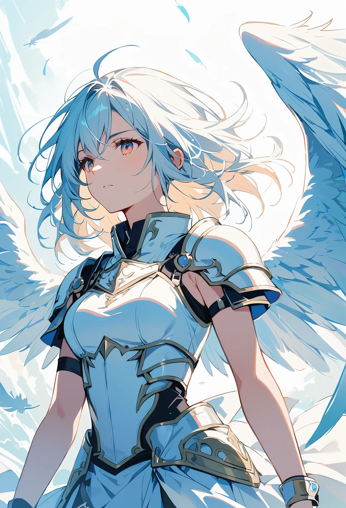 1girl angel angel_wings armor feathers_long wing feathers_hair shoulder armor shoulder_Armor single_wing solo upper part_The body is white_Theme white_wings wings