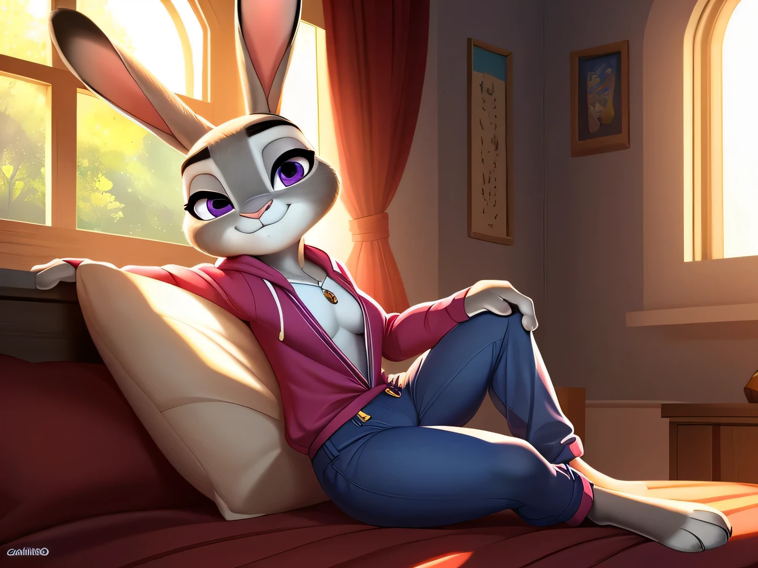 Cartoon rabbit sitting on a bed with a pink jacket and jeans - SeaArt AI