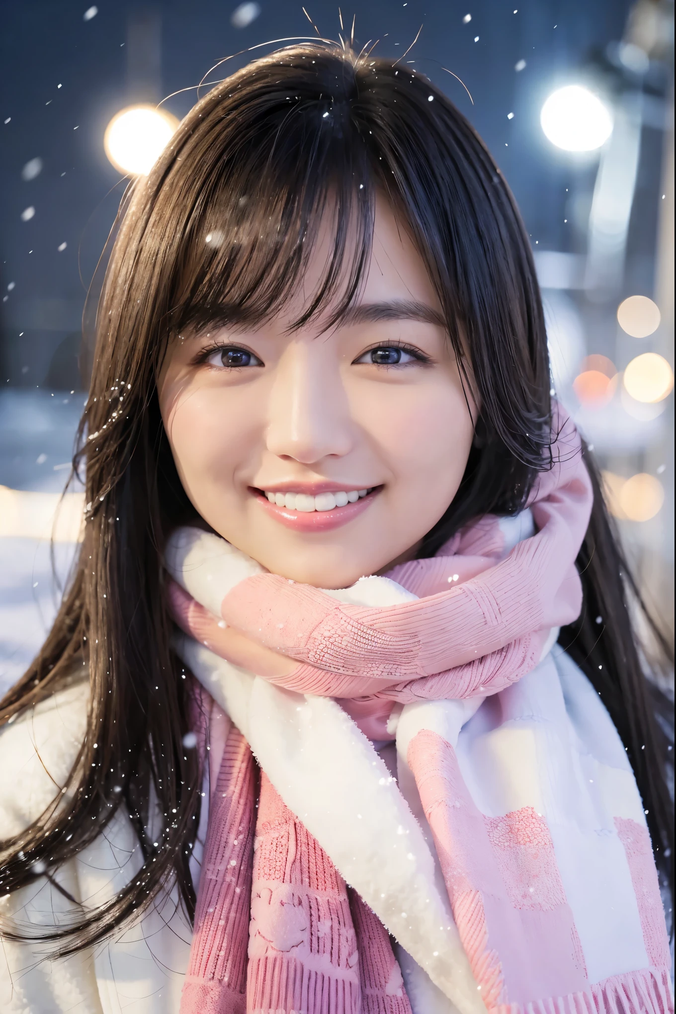 (highest quality、masterpiece、8k、best image quality、hyper realism、Award-winning work)、1 girl、(Elegant heavy winter coat:1.1)、(The perfect pink scarf:1.1)、Soft and delicate light、dramatic lighting、Romantic snowy night city、Romantic Christmas illuminations、Beautiful night view of a snowy city、The biggest smile looks at me、Fine sparkling snow、Beautiful snow reflecting light、Diamond dust、(Tyndall effect:1.1)、beautiful snow scene、(It&#39;s snowing:1.1)、(Snow in your hair:1.1)、accurate anatomy、(close up of face:1.1)、Beautiful glossy lipstick, natural color、natural makeup、glossy lips、Ultra high definition glossy skin、ultra high definition radiation, beautiful skin、Milky white moisturized skin、beautiful skin glow、Ultra-high definition glossy lips、Super high-definition sparkling eyes、Beautiful perfect teeth in super high resolution、Show your beautiful teeth and smile big