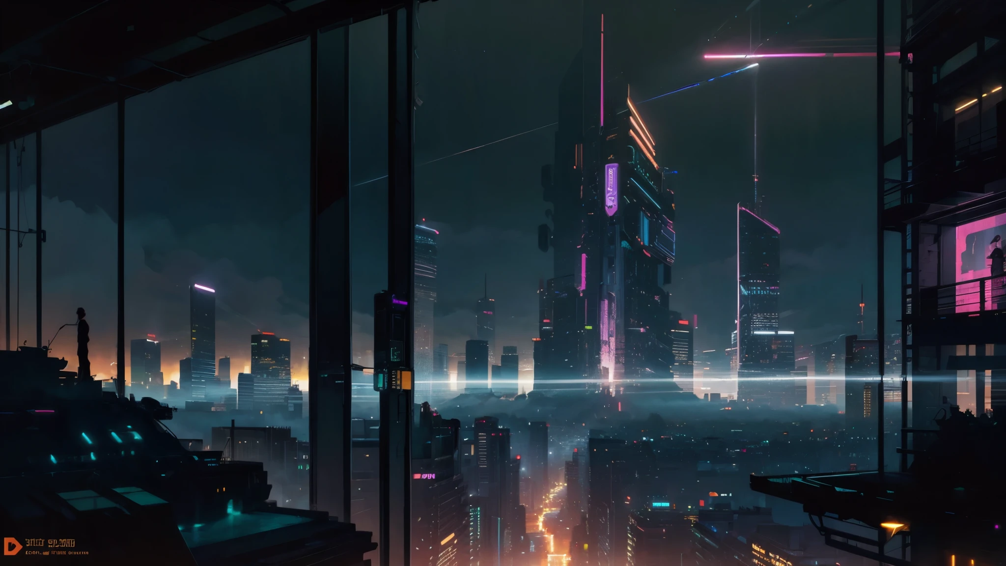 (masterpiece, best quality), illustration, concept art, landscape, wide angle shot, sprawling cyberpunk city, at night, huge skyscrapers, neon lights, ambient glow, (earth in the sky:1.1), stars, (cinematic:1.1), intricate details, dynamic colours, rich palette, (skyline:1.2), futuristic, 