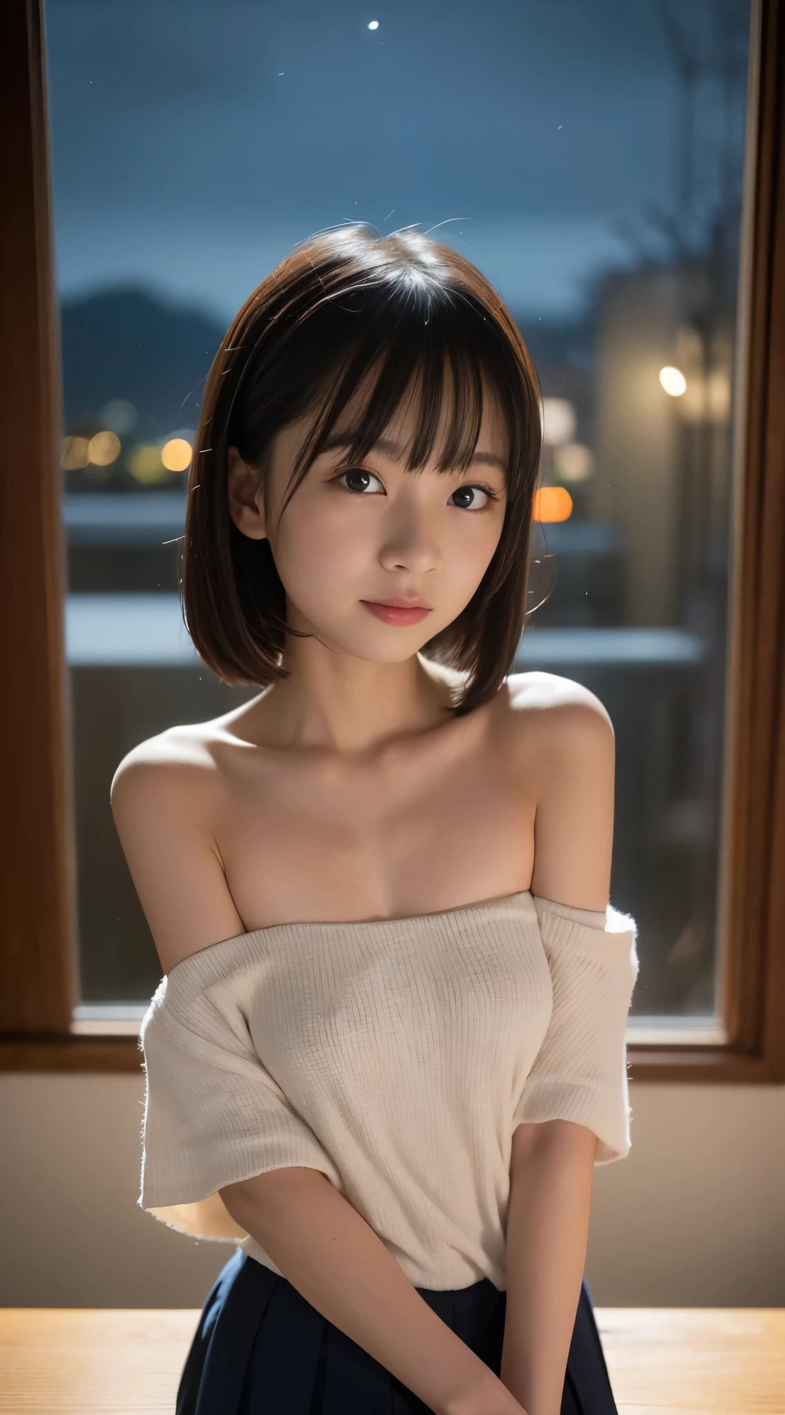 table top, highest quality, 8K, (8-year-old, 10th generation, primary school student,young face,young:1.5),Raw photo, absurd, award-winning portraits, smile, blush,alone, (night:1.8), idol face, delicate girl,delicate body, Upper body, Digital single-lens reflex camera, looking at the viewer, Frank, Sophisticated,thin arms, thin body,tap on the shoulder,professional lighting, film grain, chromatic aberration, (Eye and face details:1.0),  black haired , shortcut,bangs,drooling eyes , moderately large breasts,valley,Felt clothes,White feltware,texture,exposed exposed,Shoulders are sticking out,Loose clothing,(off shoulder),胸のvalley間,I can see your breasts,((shoulders look nice)),((valley間が見える)),The fabric area is reduced,highly exposed,she wants to see her skin,((胸のvalley間)),(Upper body),