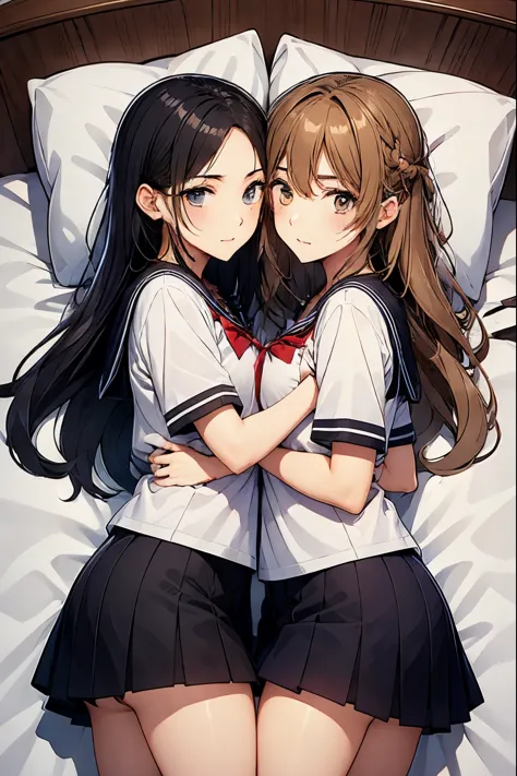 Two high school girls embracing each other in bed、aroused、