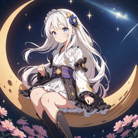 Star Fairy、(masterpiece, best quality), 1girl, sitting on the crescent moon、「A beautifully printed galaxy patterned kimono and g...