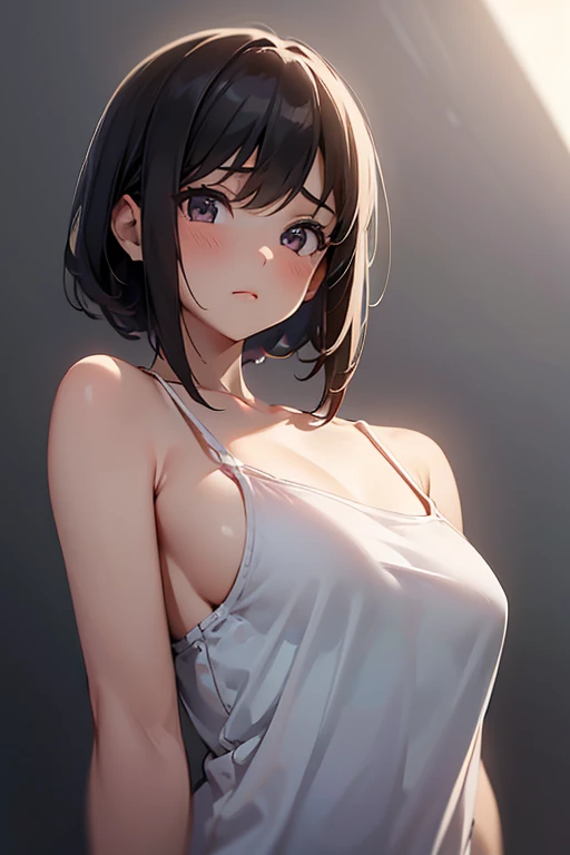 1girl,solo,retina,masterpiece, Awards, high quality, High resolution, HD, 4K,8K,high quality, rough skin,breast focus,depth of field,(line drawing:1.1),(large breasts:1.3),faint smile,oily skin,Relative to the girl,underside of breasts,(mochi shaped breasts:1.2),(closeup upperbody:1.5),white clothe,(perfect breasts from below:1.1),perspective,baby face,(short height,petite:1.3),camisole,,from directly in front