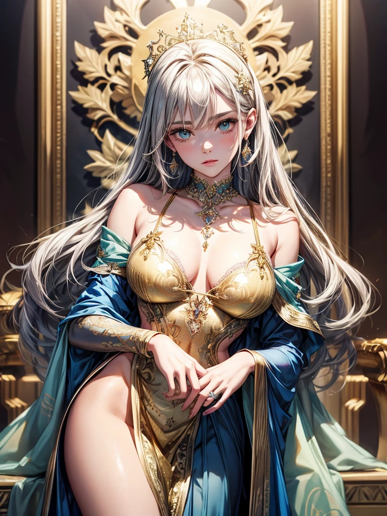 (best quality, high resolution, masterpiece:1.2), Super detailed, Beautiful and delicate lake green eyes, Beautiful and delicate lips, extremely detailed face, super long hair, 1 girl, royal members, Beautiful girl with golden beige hair, (Wearing a royal blue royal costume), see-through chiffon platinum shawl, (gold ornaments), golden and silver pattern, (light blue pattern), (complex pattern:0.5), Lovely, attractive, portrait, delicate eyes, Luminous earrings, Reflective pupil, royal clothing design, see-through detail clothing design, (empty:0.7), chiffon, (see-through chiffon), (lace:0.7), black gloves, Diamond choker, Diamond ring, Diamond hairpin, medieval european castle, Super high quality skin, Real skin texture, super high detail, anime, Realism, 8K, UHD, ccurate