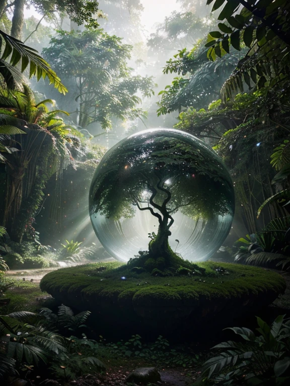 [[Adjectives describing the overall feel]] Majestic and Awe-Inspiring

depiction of  A giant, perfectly smooth sphere, made of polished obsidian, nestled within a lush rainforest clearing. Sunlight filters through the canopy, casting a dappled light on the sphere's surface. Moss and vines creep up its sides, blurring the line between nature and geometry.

This is a  Fantasy-inspired image showcasing** the natural world encountering a mysterious geometric form.

The environment/background should be  A lush rainforest with towering trees, thick vegetation, and a cascading waterfall in the background.

to create an  Atmosphere of awe and mystery.

The image should be in the style of a  Digital painting, incorporating elements of** dramatic lighting and soft textures** with a focus on** the giant sphere and its interaction with the rainforest environment.

The [Camera shot type]  Medium shot, captured with a** normal lens** will showcase** the sphere in relation to the surrounding rainforest.

The lighting should be a combination of  Sunlight filtering through the leaves and a soft, bioluminescent glow emanating from the sphere's core** creating an**  Ethereal and mysterious** atmosphere.

The desired level of detail is High** with a** 4k** resolution, highlighting the details of** the sphere's polished surface, the textures of the rainforest environment, and the interaction between the two.

The goal is to create a  Spellbinding image that captivates viewers with its** sense of wonder and the mystery of the giant geometric shape within the natural world.