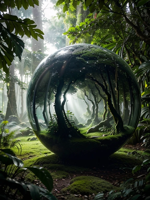 [[Adjectives describing the overall feel]] Majestic and Awe-Inspiring

depiction of  A giant, perfectly smooth sphere, made of polished obsidian, nestled within a lush rainforest clearing. Sunlight filters through the canopy, casting a dappled light on the sphere's surface. Moss and vines creep up its sides, blurring the line between nature and geometry.

This is a  Fantasy-inspired image showcasing** the natural world encountering a mysterious geometric form.

The environment/background should be  A lush rainforest with towering trees, thick vegetation, and a cascading waterfall in the background.

to create an  Atmosphere of awe and mystery.

The image should be in the style of a  Digital painting, incorporating elements of** dramatic lighting and soft textures** with a focus on** the giant sphere and its interaction with the rainforest environment.

The [Camera shot type]  Medium shot, captured with a** normal lens** will showcase** the sphere in relation to the surrounding rainforest.

The lighting should be a combination of  Sunlight filtering through the leaves and a soft, bioluminescent glow emanating from the sphere's core** creating an**  Ethereal and mysterious** atmosphere.

The desired level of detail is High** with a** 4k** resolution, highlighting the details of** the sphere's polished surface, the textures of the rainforest environment, and the interaction between the two.

The goal is to create a  Spellbinding image that captivates viewers with its** sense of wonder and the mystery of the giant geometric shape within the natural world.