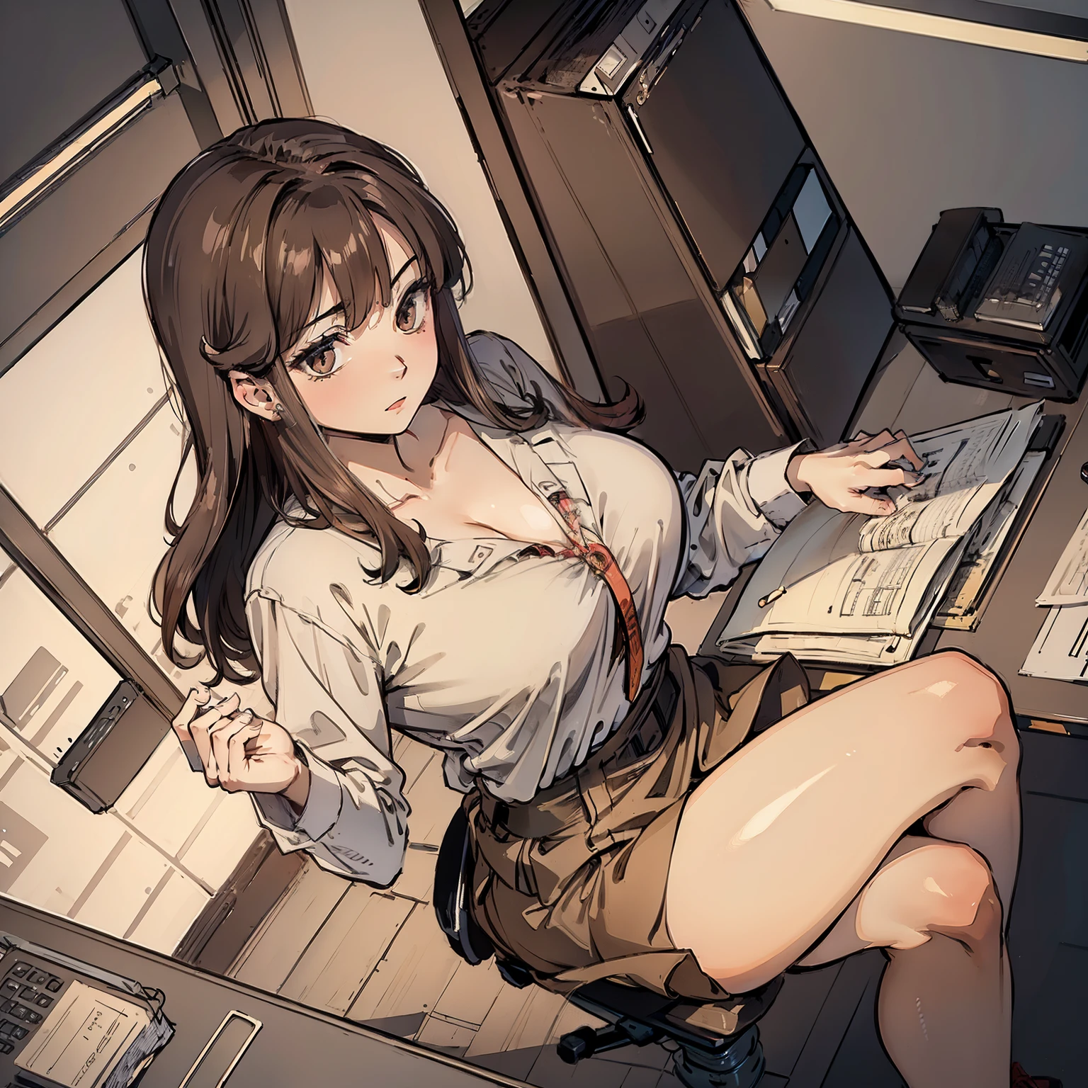 masterpiece, Excellent, (office: 1.8), Ultra-high-detail CG drawings, permanent, 1 Royal sisters, angry, woman with short brown hair, layered dress, hands crossed at waist, Face the audience, illustration, wide angle panorama