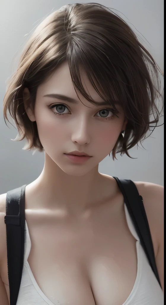 8k uhd、RAWphotograph、モデルphotograph撮影、Russian Race, European race, (masterpiece, highest quality, photorealistic, High resolution, photograph: 1.3), Close-up, Focusing, hot models, slim, 30 year old mature woman、small face、short cut hair、dark brown hair、Detailed beautiful eyes、realな肌, (perfect body), Sexy hot face, erotic, sexual gaze, slim, Sweat top, Detailed beautiful eyes、glossy lips、small breasts、、bust B cup、((bright light、dynamic lighting、real、超real、 realism、realistic details、Cool Beauty、cool pose、background gray、Plain gray background