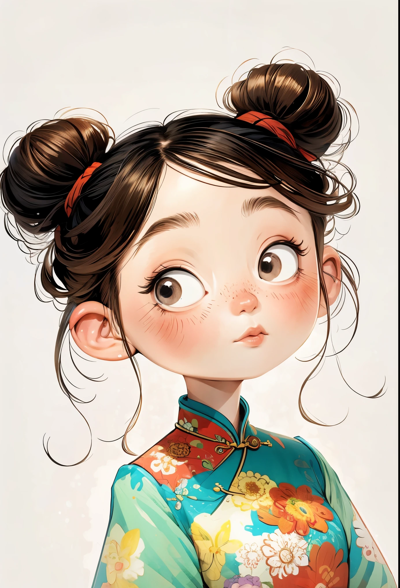 (masterpiece, best quality:1.2), watercolor painting，cartoonish character design。1 girl, alone，big eyes，Cute expression，Two little braids，cheongsam，portrait，interesting，interesting，clean lines，Leave blank，
