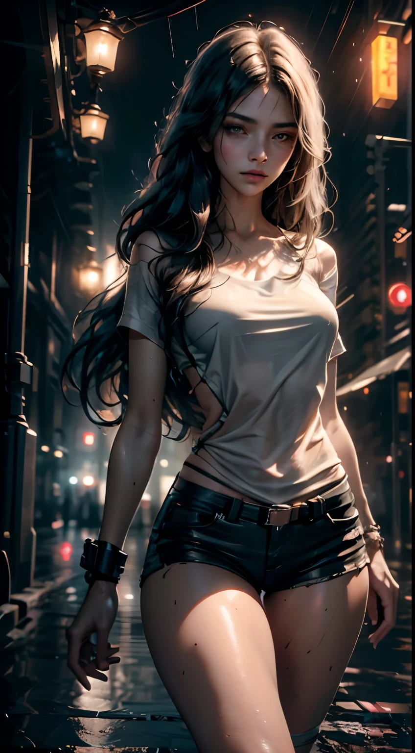 Beautiful woman with wavy hair, delicate and charming eyes, thigh notch, sexy long legs, t-shirt in small shorts, beautiful futuristic cyberpunk + city, mist, damp, rain, best quality masterpiece, realistic, detailed, 8k, HDR, shallow depth of field, wide light, high contrast, backlight, flood, flash, chromatic aberration, sharp focus, RAW color photo