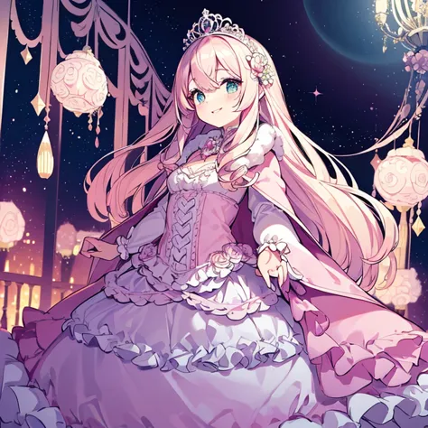 (kawaii),(best quality),(ultra detailed),(rococo style),(long train pastel pink cape:1.15), very long cape,(long train white bal...