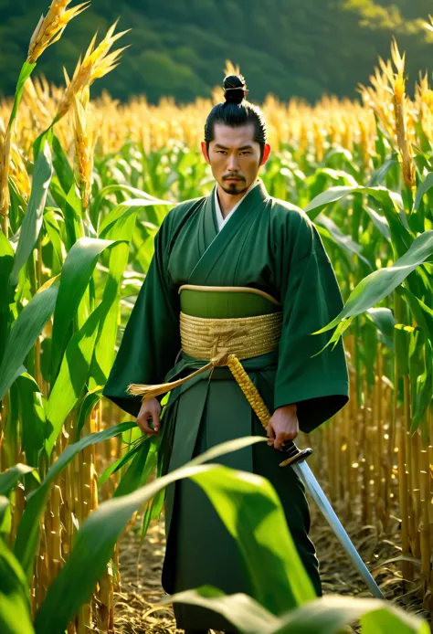 samurai standing alone in a corn field,traditional japanese clothing,sword sheathed at waist,majestic and confident stance,calm ...